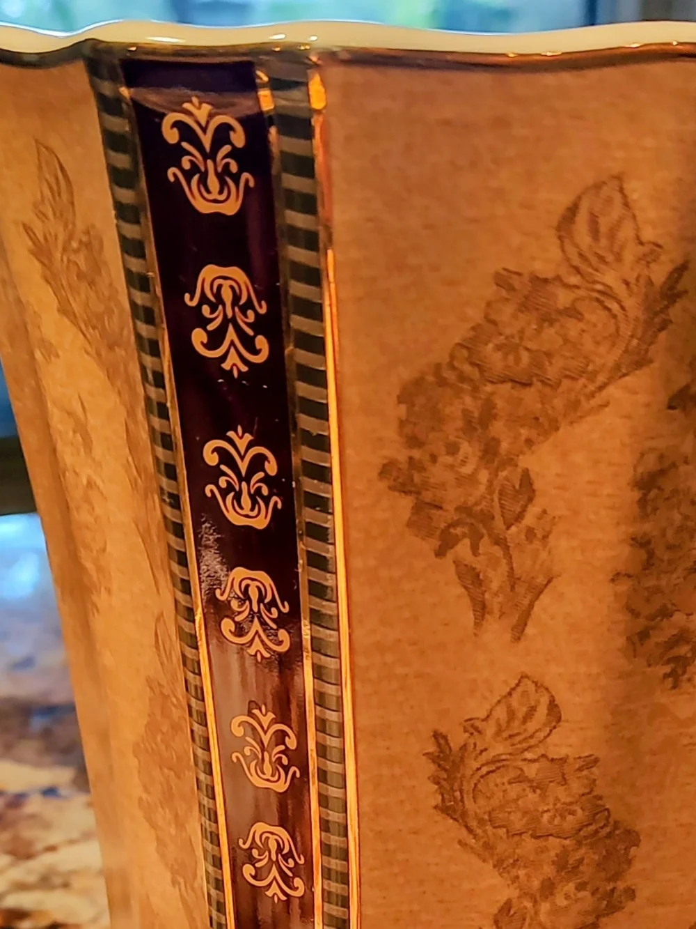 Croscill Brown, Cream and Gold Ceramic Wastebasket with Damask Trim